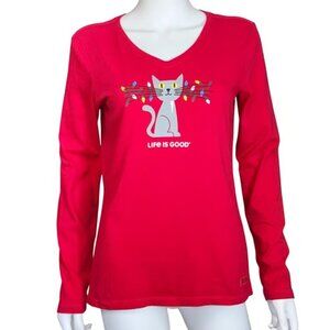 Life Is Good Crusher V-Neck Womens S Red Cotton Long Sleeve Cat Graphic Top